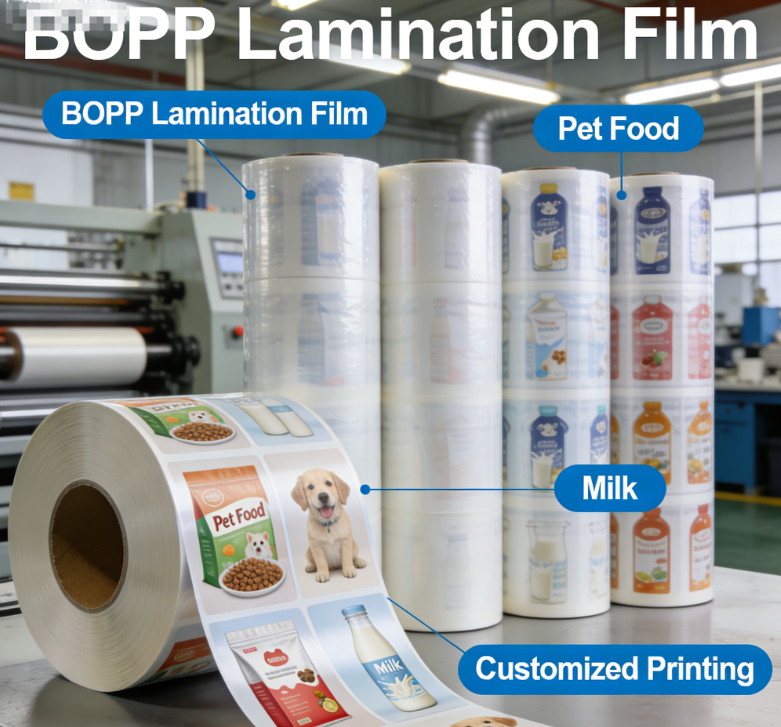 ม้วนฟิล์มเคลือบ BOPP เกรดอาหารฟิล์มบรรจุภัณฑ์แบบยืดหยุ่นพิมพ์แบบกำหนดเอง